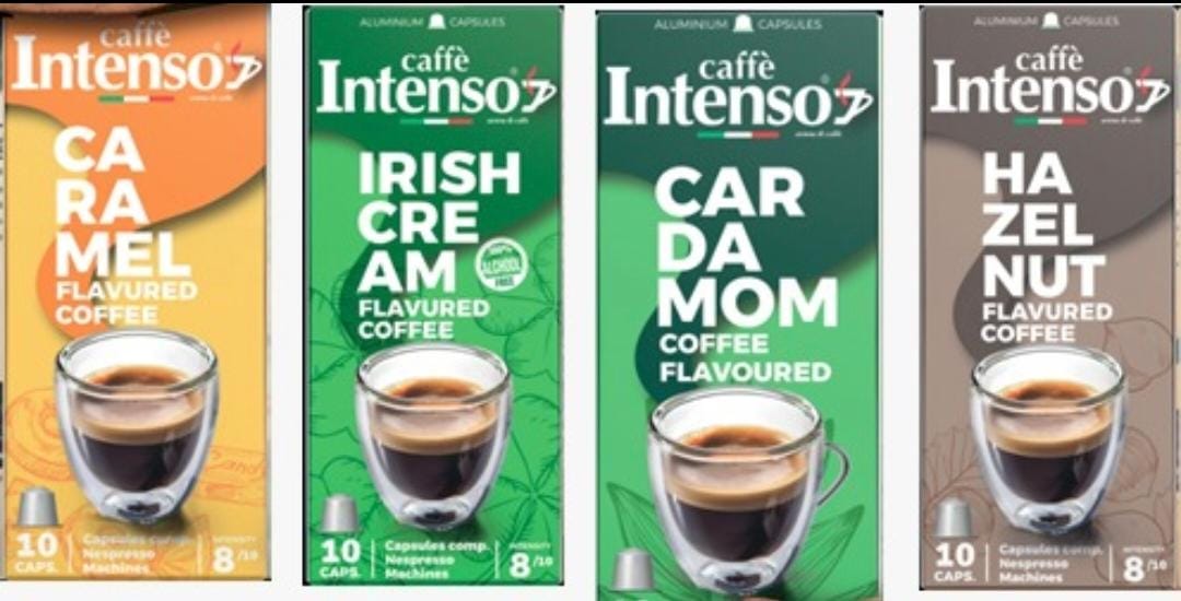 Intenso Capsule Coffee NEW FLAVORS - 10 Capsules - Caramel, Irish Cream, Cardamom and Hazelnut - 1.800 BD per box