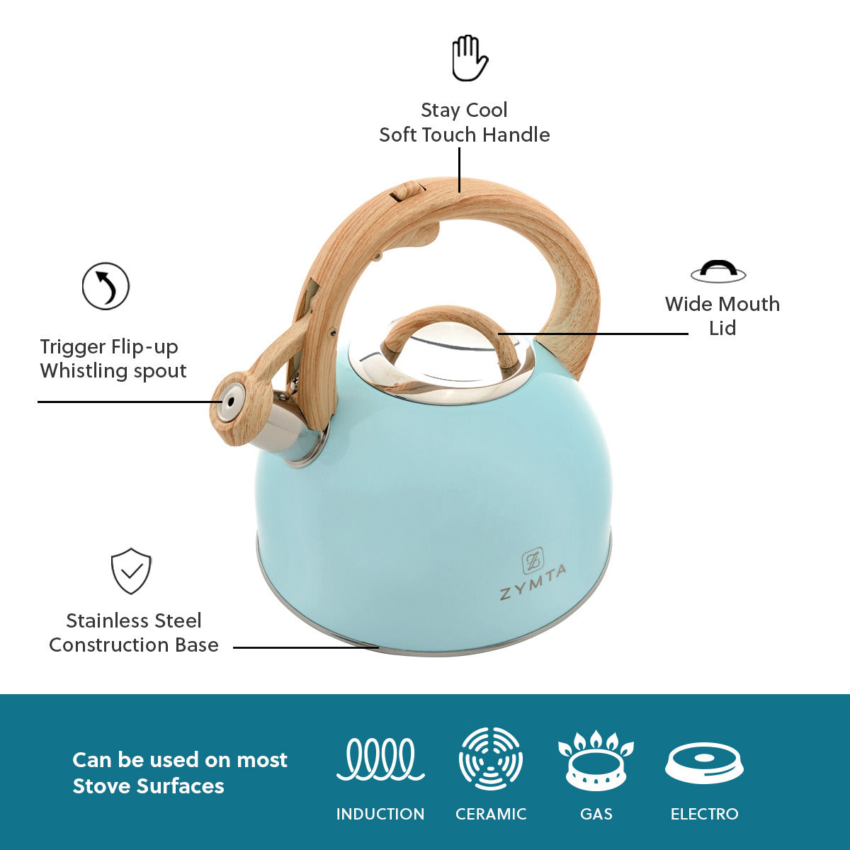 2.5 L Whistling Stainless Steel Teapot With Ergonomic Handle - Blue -- Price does not include VAT