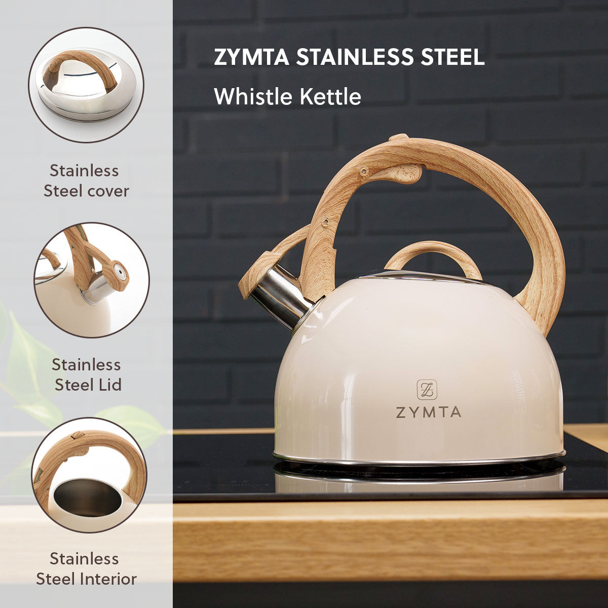 2.5 L Whistling Stainless Steel Teapot With Ergonomic Handle - Beige -- Price does not include VAT