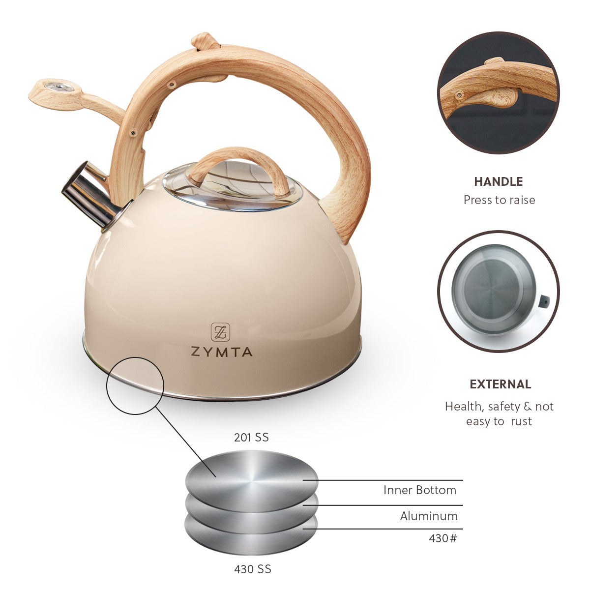 2.5 L Whistling Stainless Steel Teapot With Ergonomic Handle - Beige -- Price does not include VAT