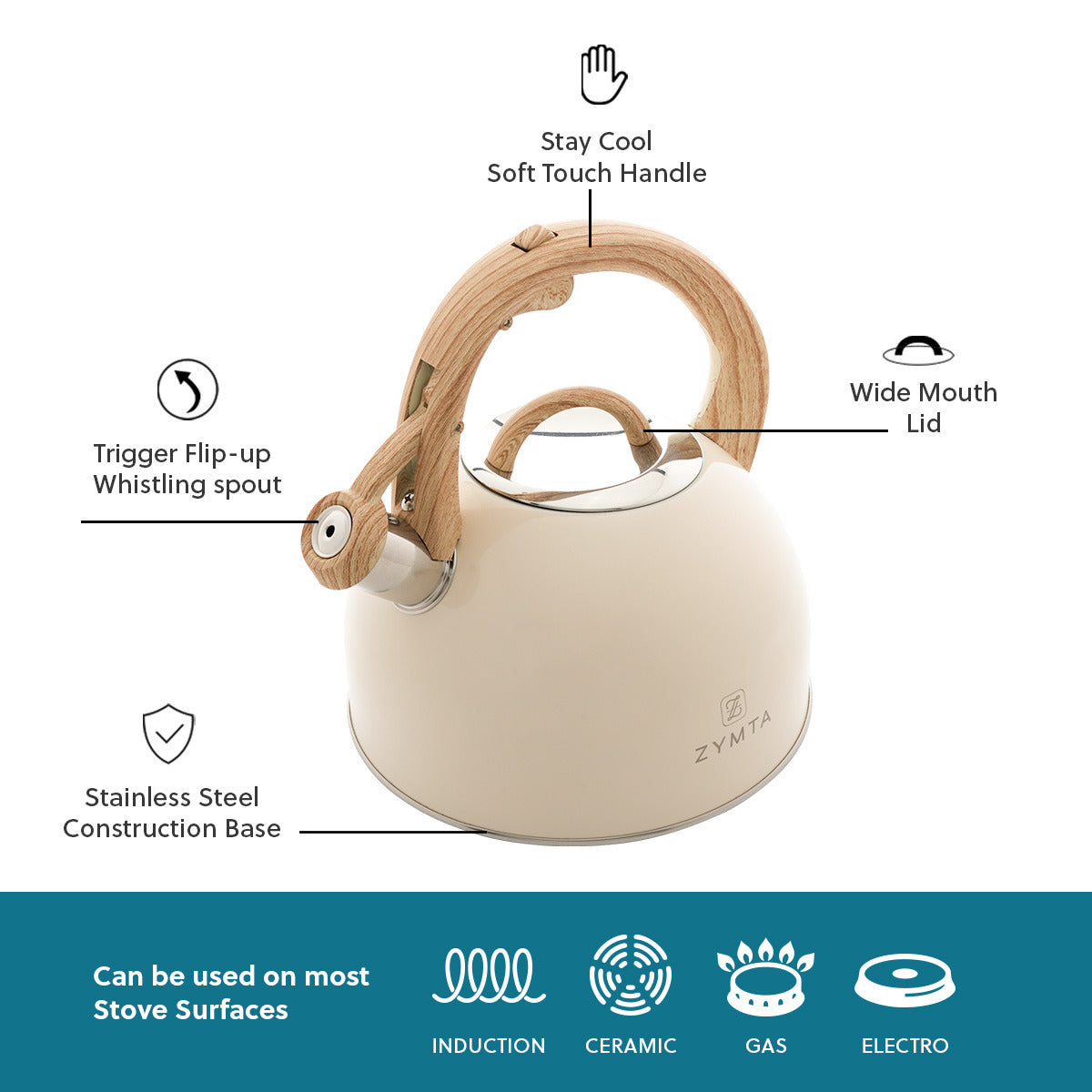 2.5 L Whistling Stainless Steel Teapot With Ergonomic Handle - Beige -- Price does not include VAT