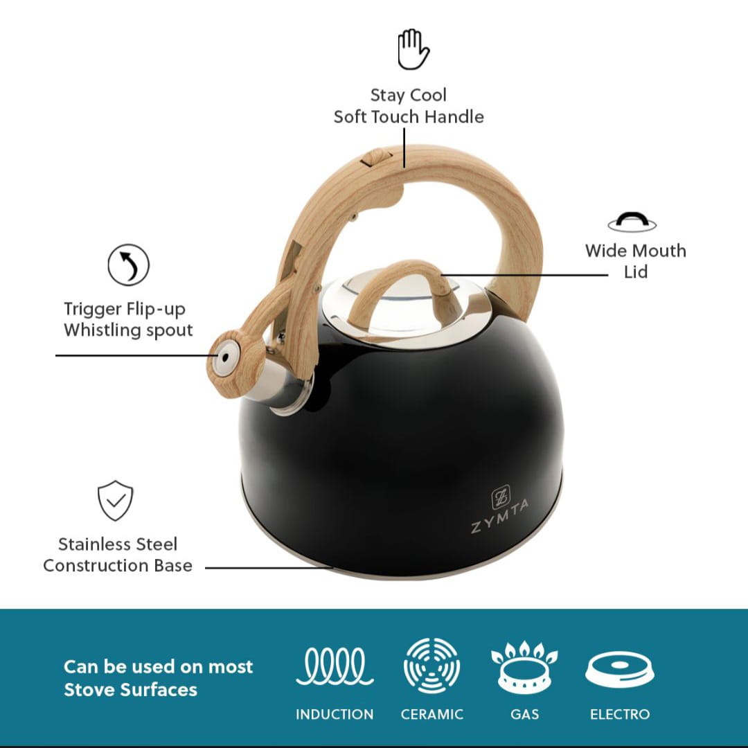 2.5 L Whistling Stainless Steel Zymta Teapot With Ergonomic Handle - Black -- Price Does Not Include VAT