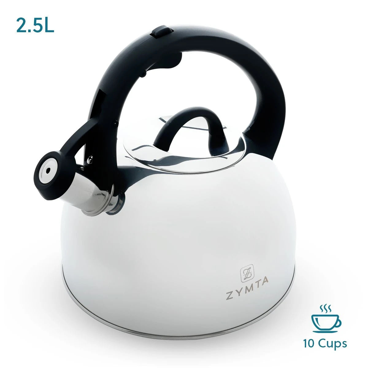 2.5 L Whistling Stainless Steel Zymta Teapot With Ergonomic Handle - Silver - Price does not include VAT