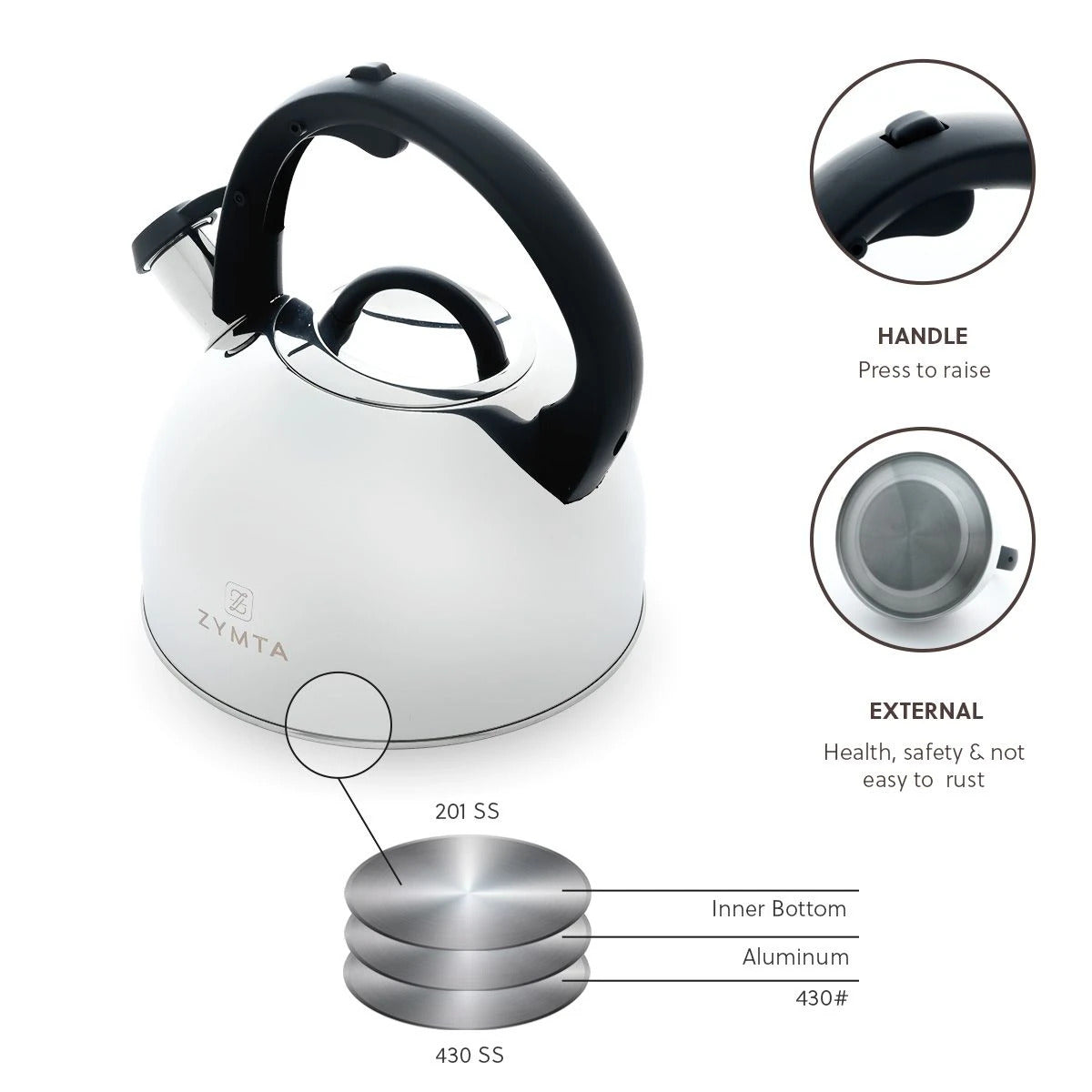 2.5 L Whistling Stainless Steel Zymta Teapot With Ergonomic Handle - Silver - Price does not include VAT