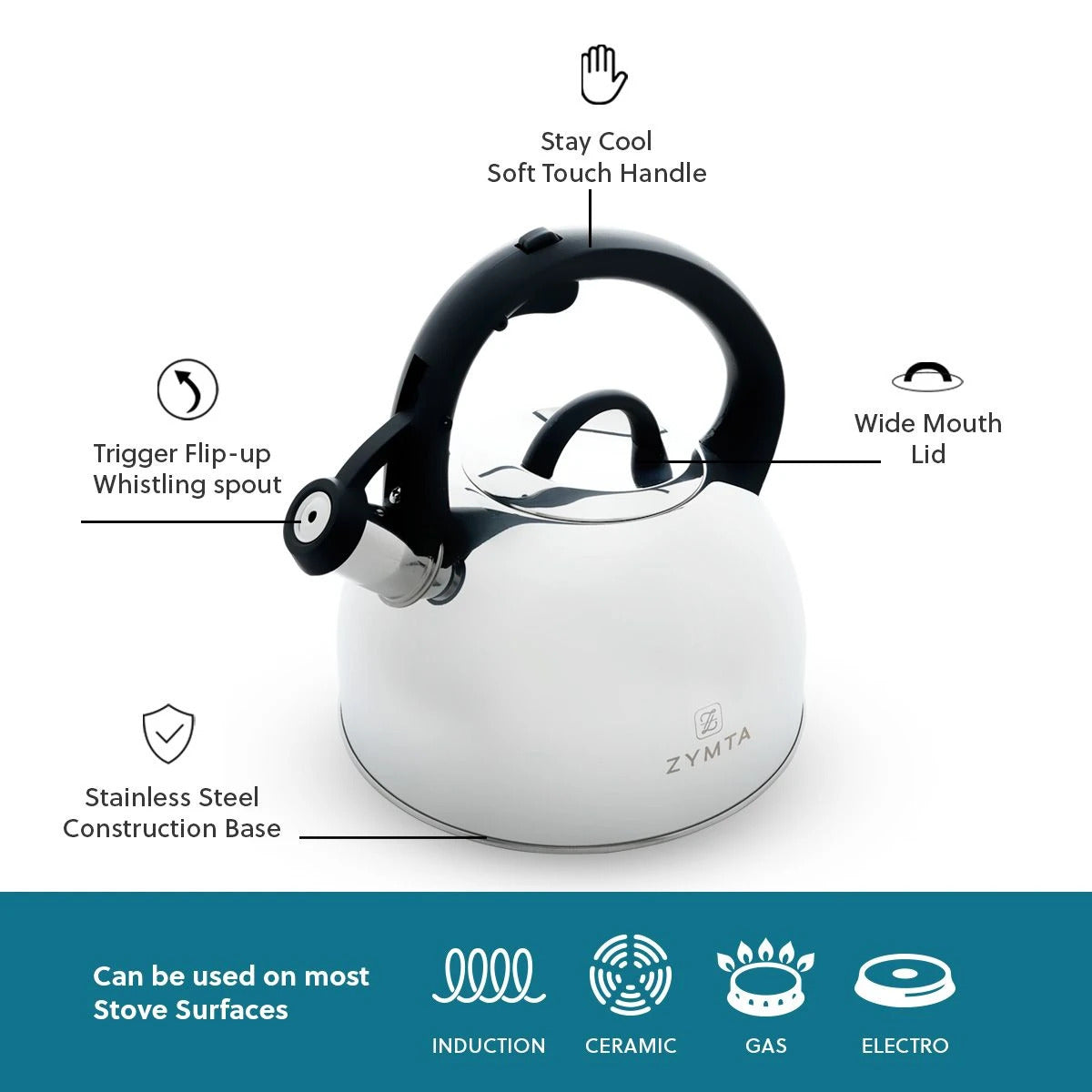 2.5 L Whistling Stainless Steel Zymta Teapot With Ergonomic Handle - Silver - Price does not include VAT