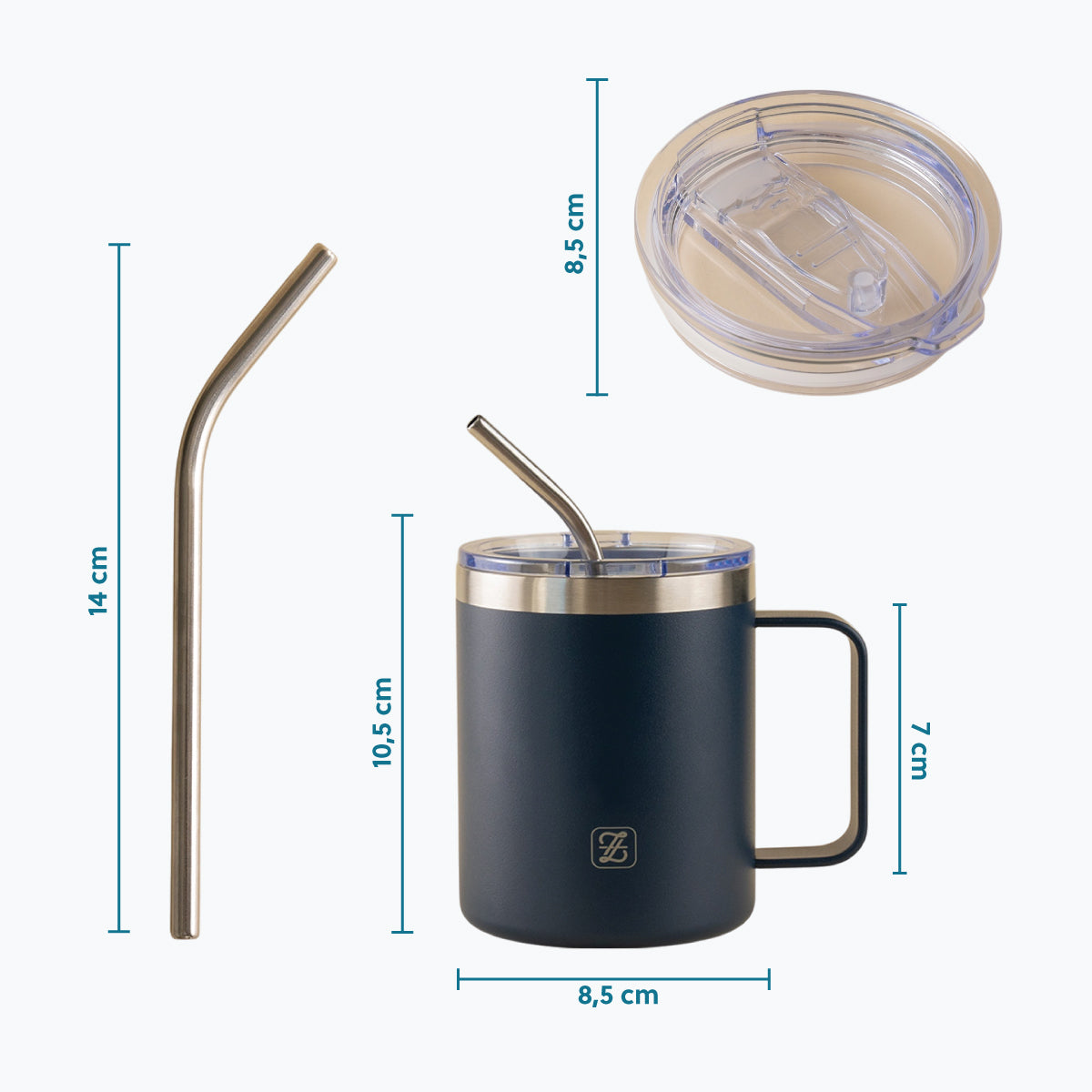 350ML Insulated Stainless Steel Tumbler with Lid, Straw & Handle - Navy Blue