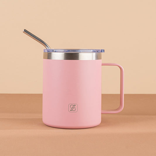350ML Insulated Stainless Steel Tumbler with Lid, Straw & Handle - Pink