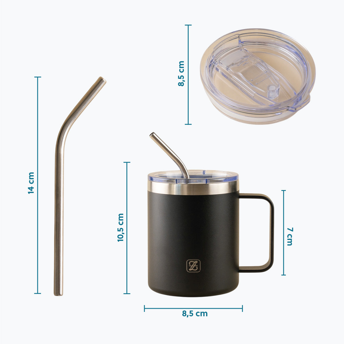 350ML Insulated Stainless Steel Tumbler with Lid, Straw & Handle - Black