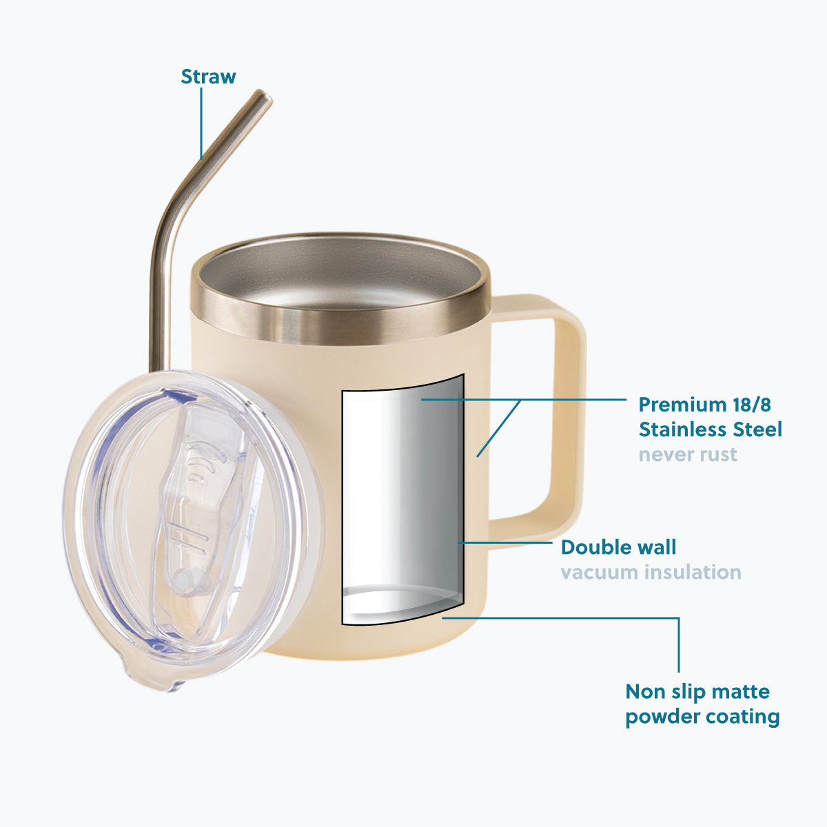 350ML Insulated Stainless Steel Tumbler with Lid, Straw & Handle - Cream