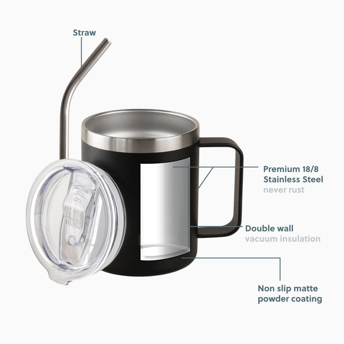 350ML Insulated Stainless Steel Tumbler with Lid, Straw & Handle - Black